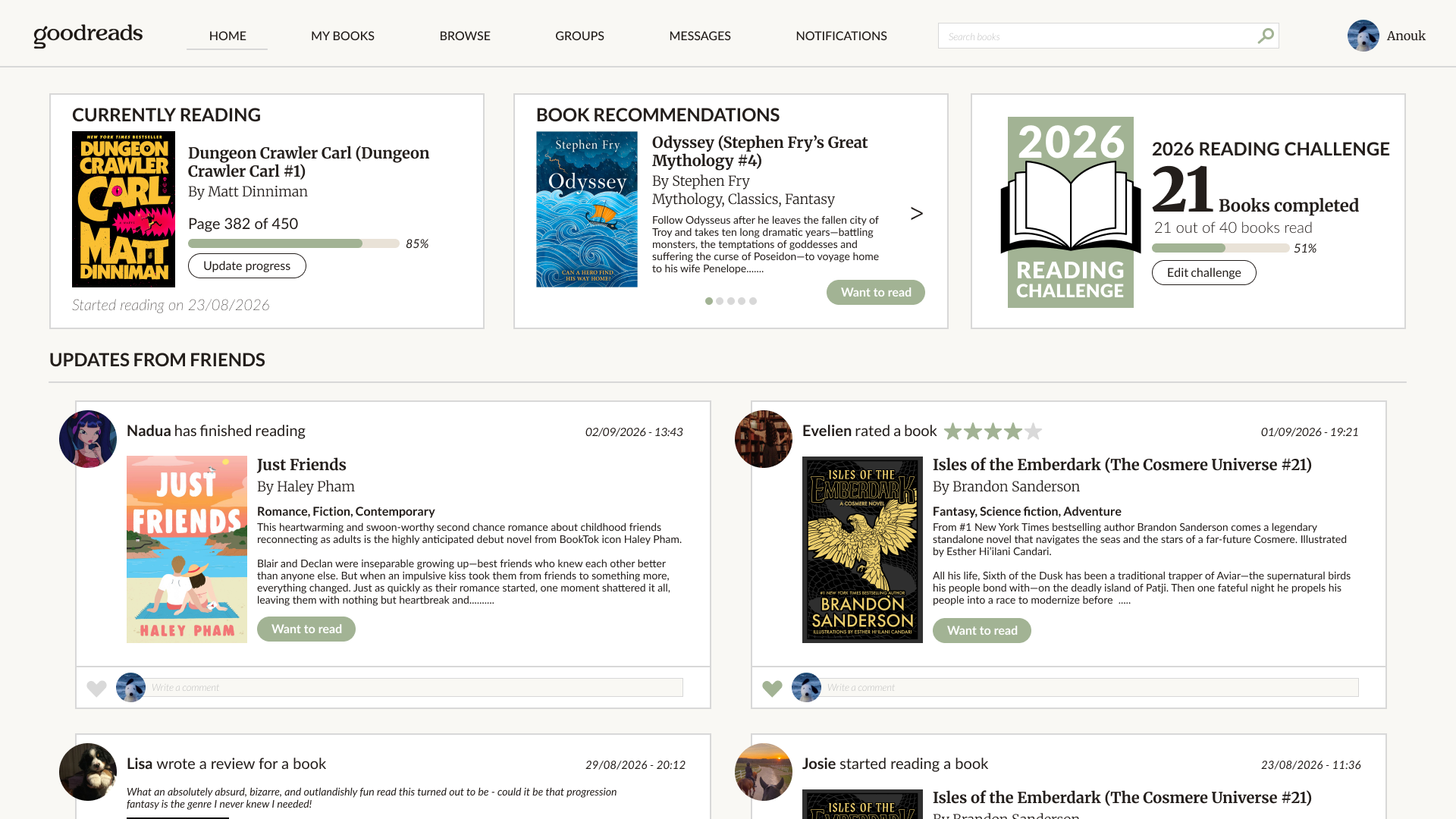 Redesigned Goodreads home feed