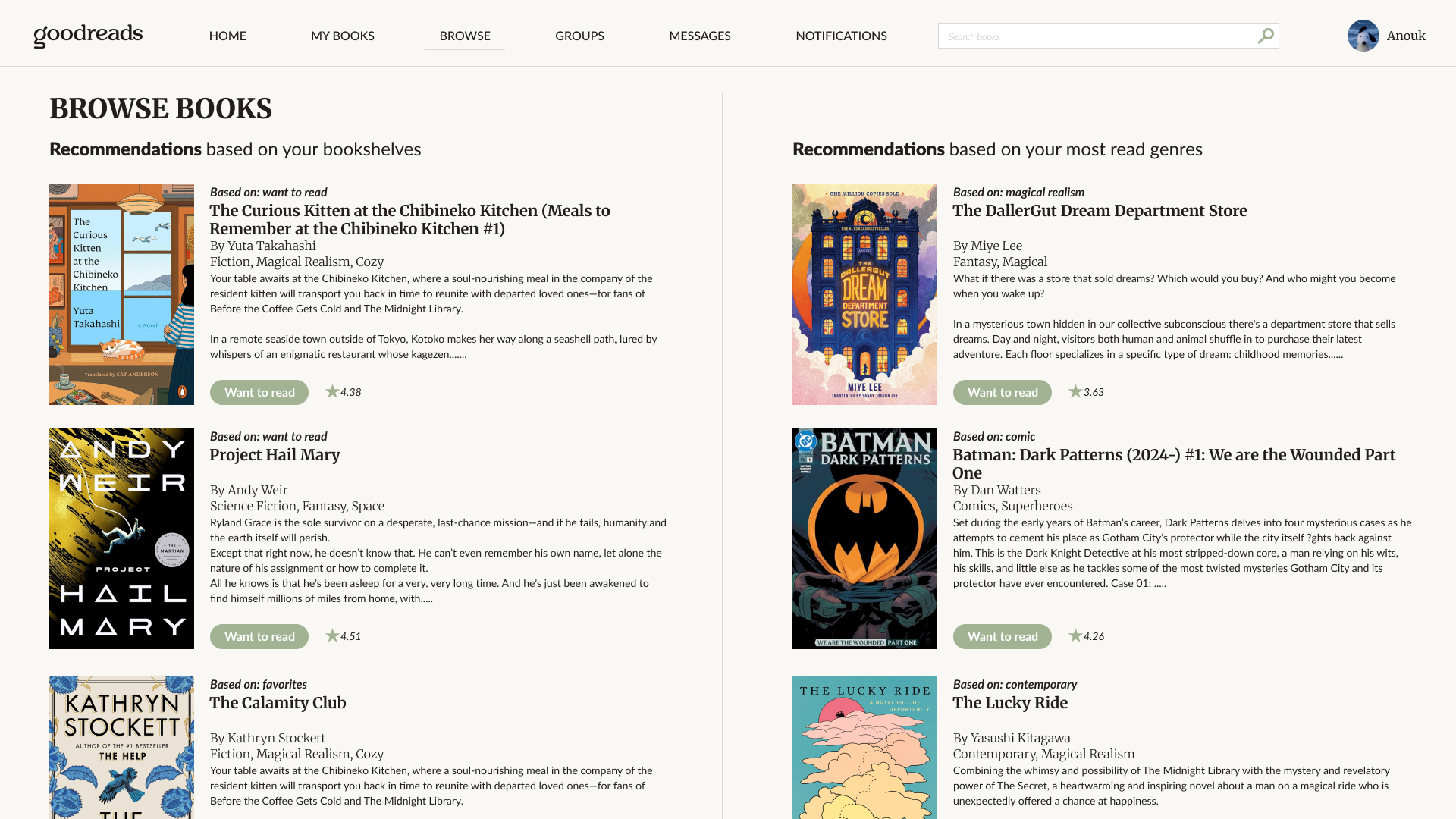 Redesigned Goodreads recommendations page